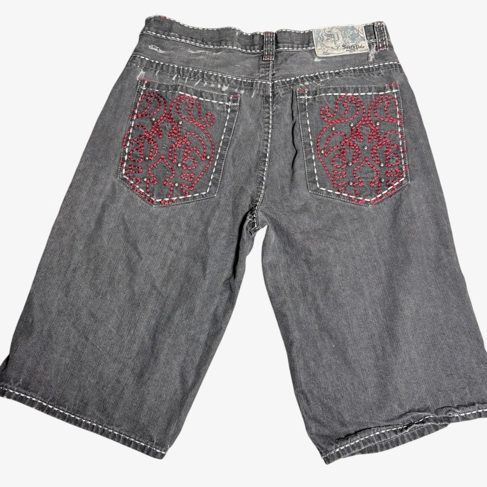 Southpole Premium VINTAGE Mens Faded Black Denim Shorts‎ 34 Embroidered Red Y2K